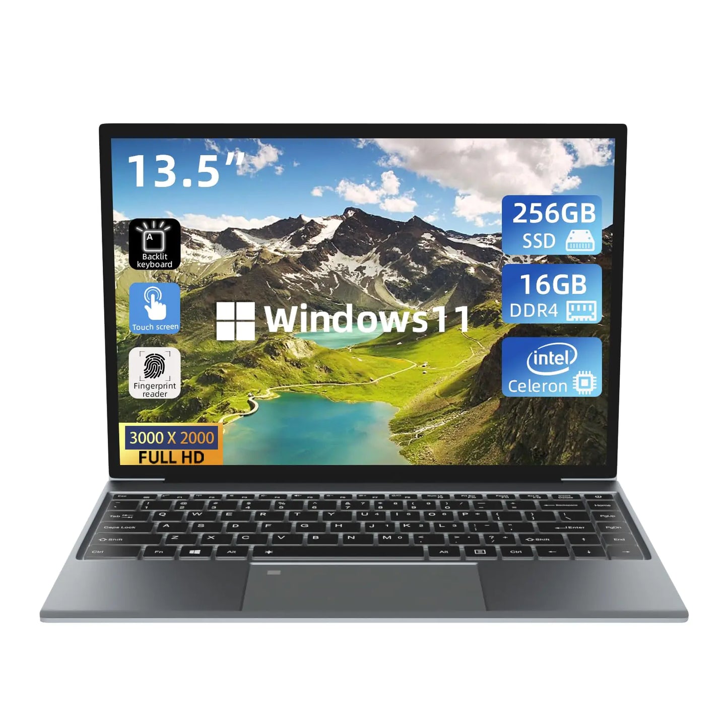 Morostron 13.5" Touch Screen Laptop Win11 Laptop Computer with N5095 16GB RAM 256GB SSD 3000x2000 FHD Backlit Keyboard Touch ID WiFi USB3.0 * 2 Bluetooth 4.2 HDMI 38WH Battery Gray