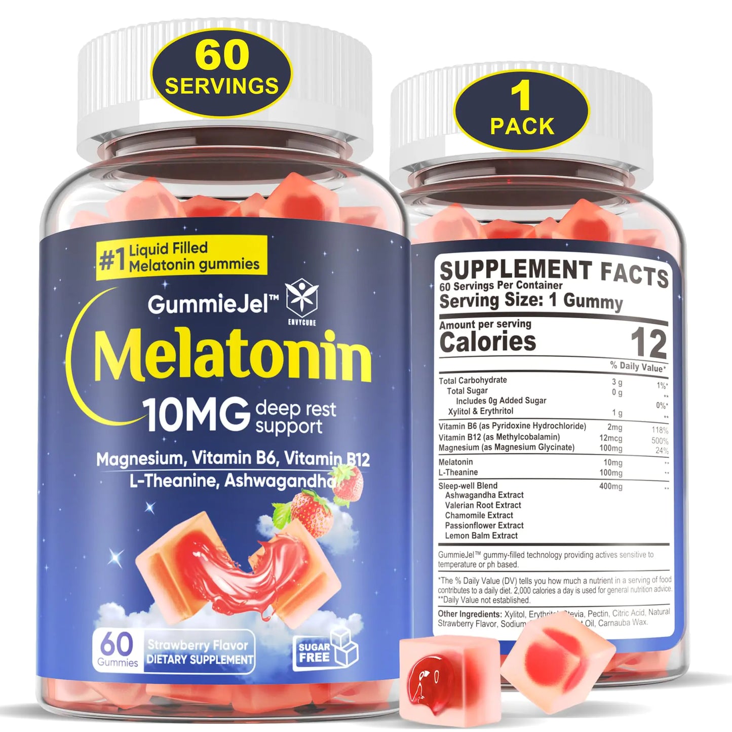 Sugar Free Melatonin Gummies 10mg 20mg with Magnesium Glycinate for Adults L-Theanine Ashwagandha B6 Methyl b12 Lemon Balm & Chamomile Supports Deep Relaxation Antioxidation Strawberry- 60 Day